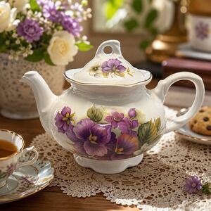 Vintage Arthur Wood Teapot 6496 Purple Floral Gold Trim England 6 Cup